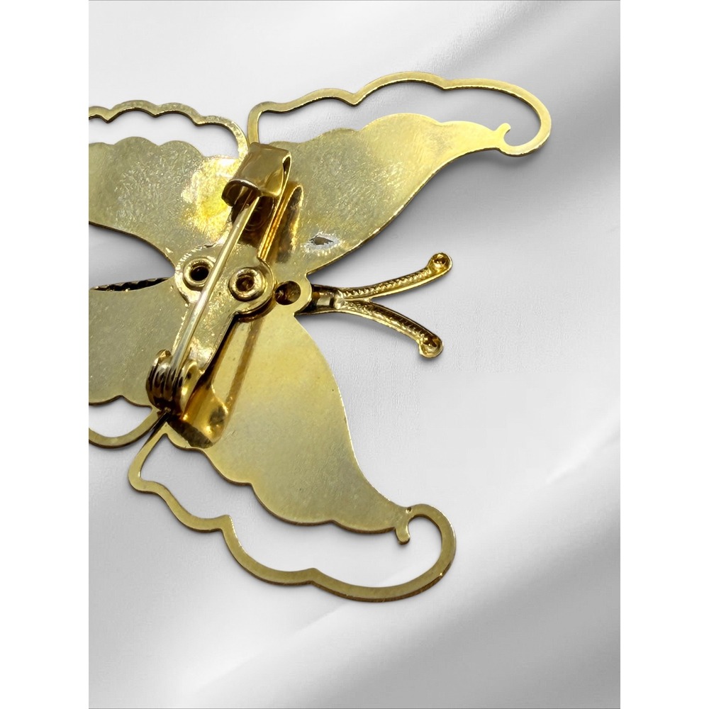 Vintage Gold Tone Blue Enamel Butterfly Brooch Pin Whimsical Nature Jewelry - Picture 8 of 9